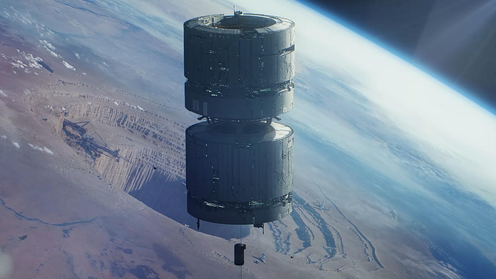 Halo Infinite: Step Inside trailer image of Perihelion Station and KC-59