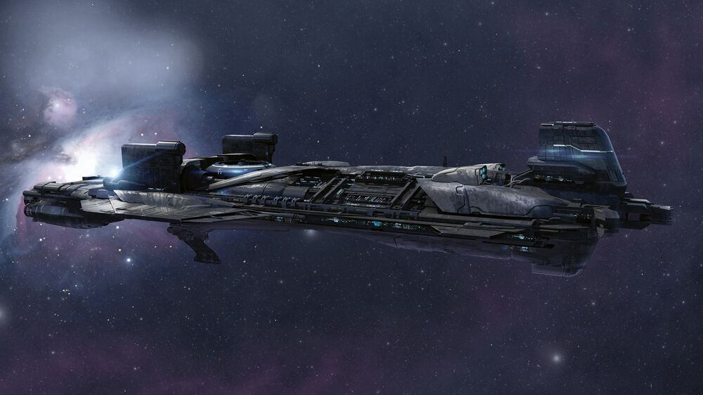 A derelict human Ancestor ship in a field of stars.