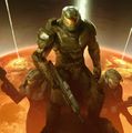 À gauche, sur la couverture de la réédition de Halo : La Chute de Reach. Un lièvre blanc est peint sur le plastron de son armure.