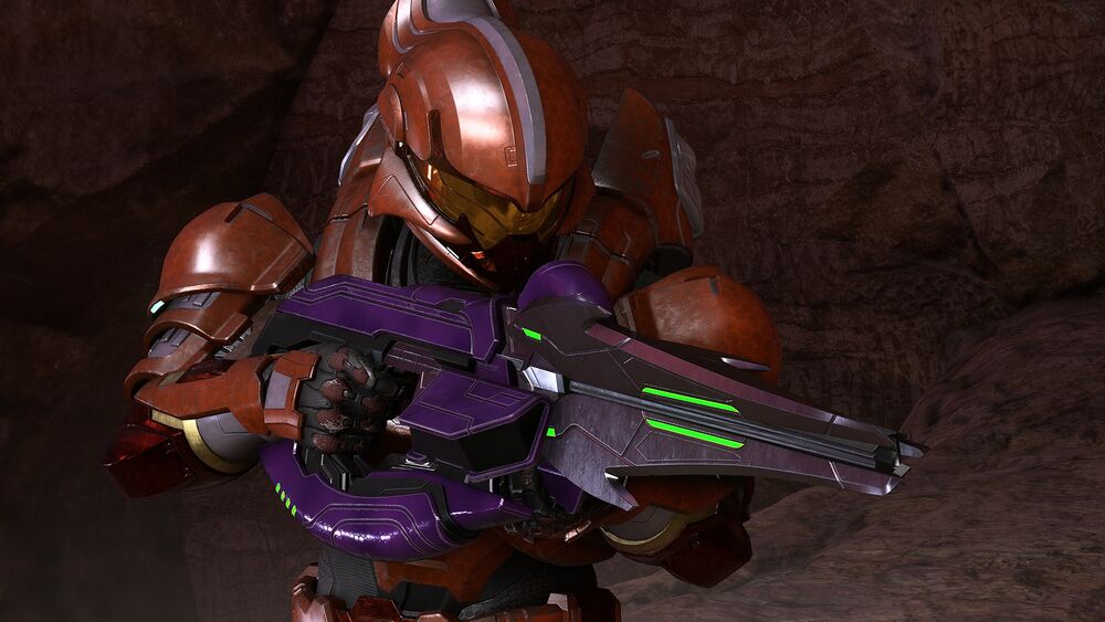 Halo Infinite screenshot of a Helioskrill-clad Spartan wielding a Vestige Carbine