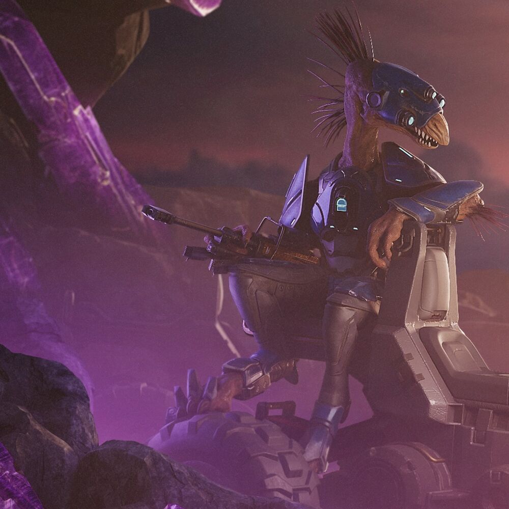 Crop of Halo Infinite key art for the Combined Arms Operation depicting Dahks sat on a Mongoose with an S7 Sniper Rifle