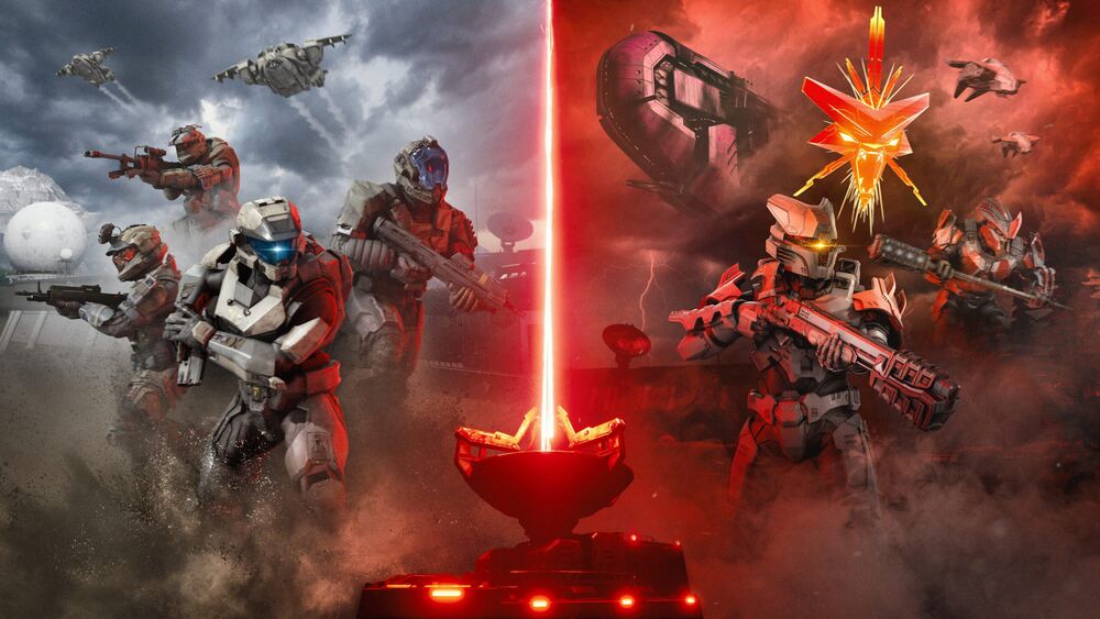 Full cover spread for Halo: Battle for the Academy depicting (from left to right) Hieu Dinh, Jun-A266, Laurette Agryna, Sigrid Eklund, Ilsa Zane, Iratus, and Chieftain Atticus