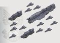 Modélisation pour Halo : Fleet Battles. Du plus grand au plus petit : classe Epoch, classe Marathon, classe Paris.