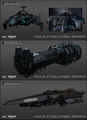 Vaisseaux apparaissant dans Halo : Evolutions. De haut en bas : UNSC Red Horse (Rôdeur), Mona Lisa (vaisseau prison), UNSC The Heart of Midlothian (destroyer).