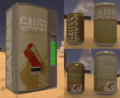 Distributeur et canettes de Gauss (les informations nutritionnelles sont illisibles en jeu).