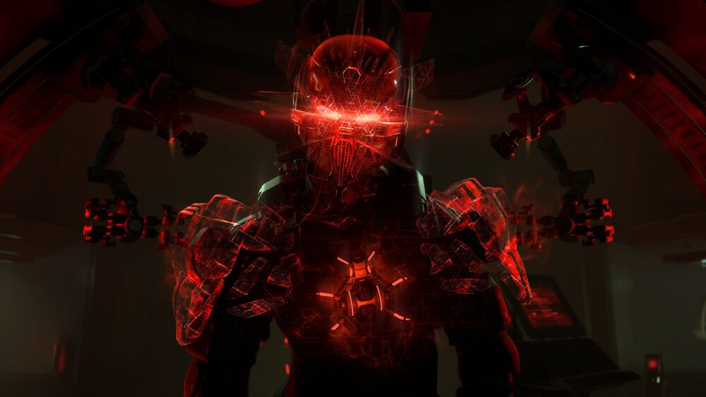 Halo Infinite screenshot of Iratus appearing over a suit of Mirage armor