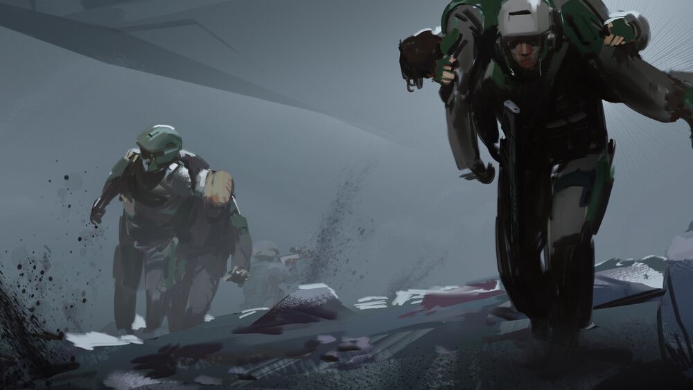 Waypoint Chronicle art of four marines helping each other through destruction